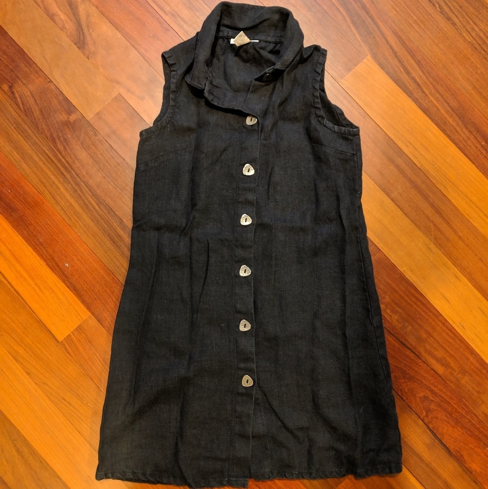 Vintage black linen button down dress